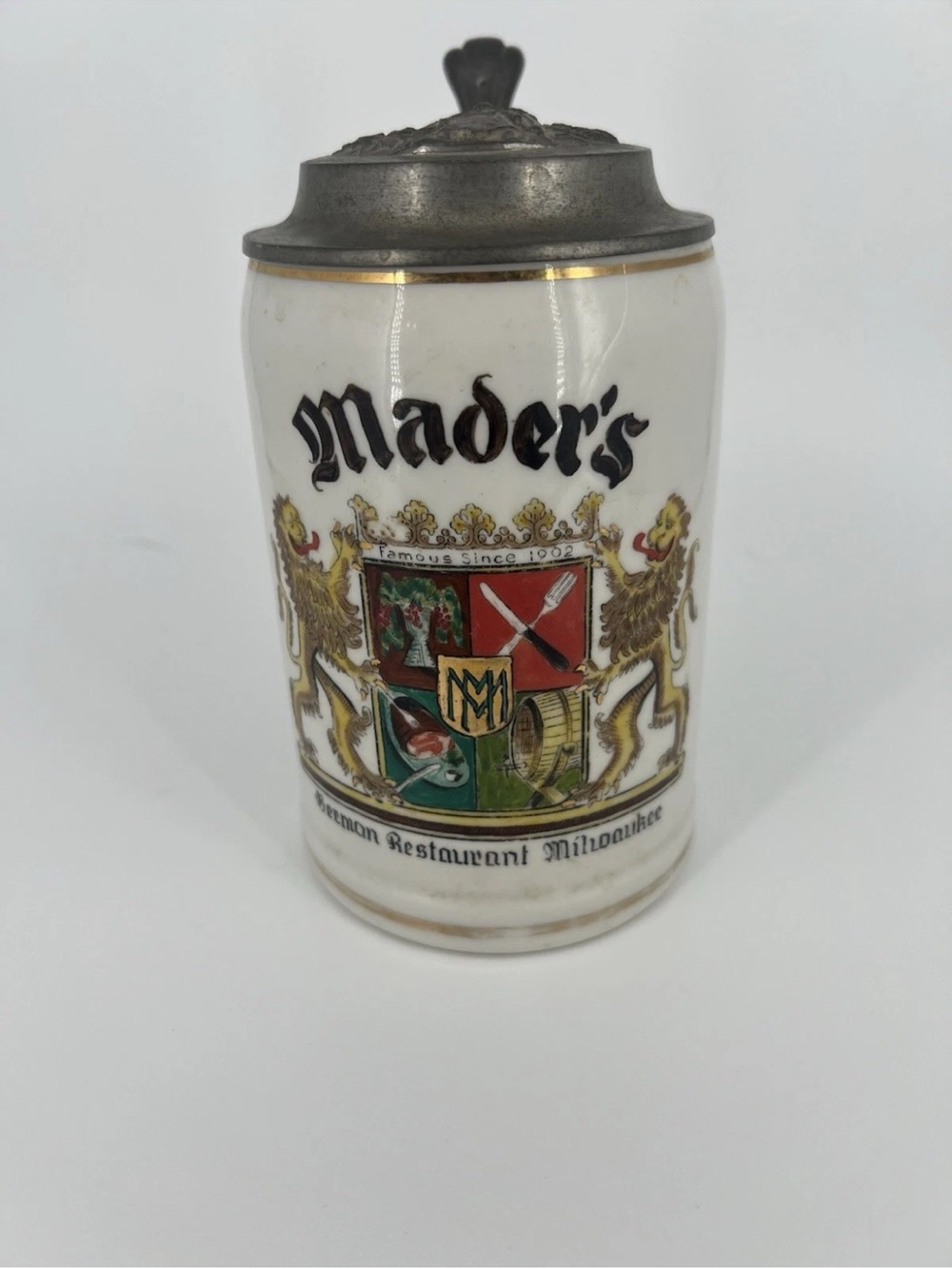 Mader's Crest Ceramic Stein with Pewter Lid - White & Gold Accents